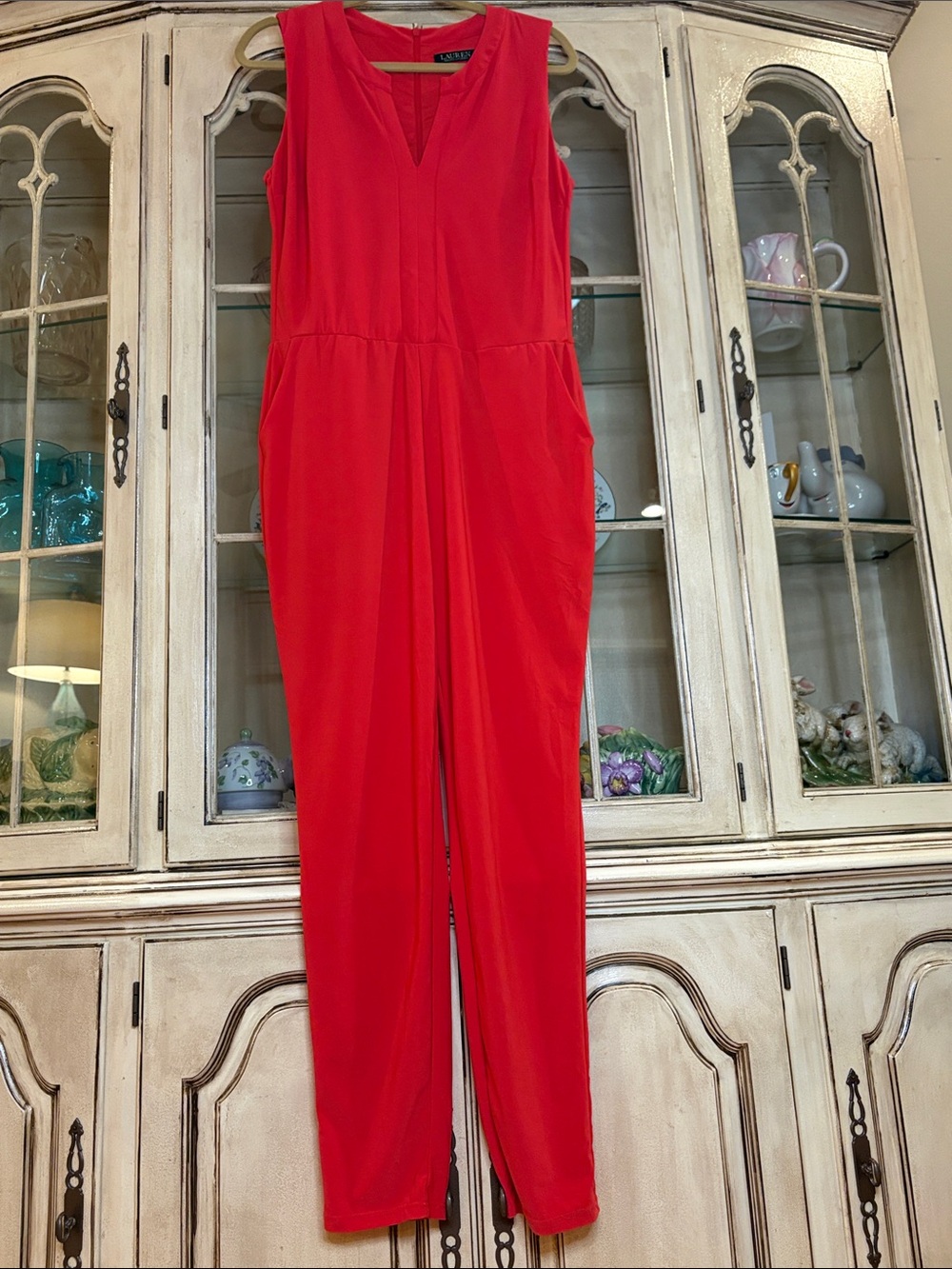Ralph Lauren Sleek V Neck Jumpsuit in Classic Red
